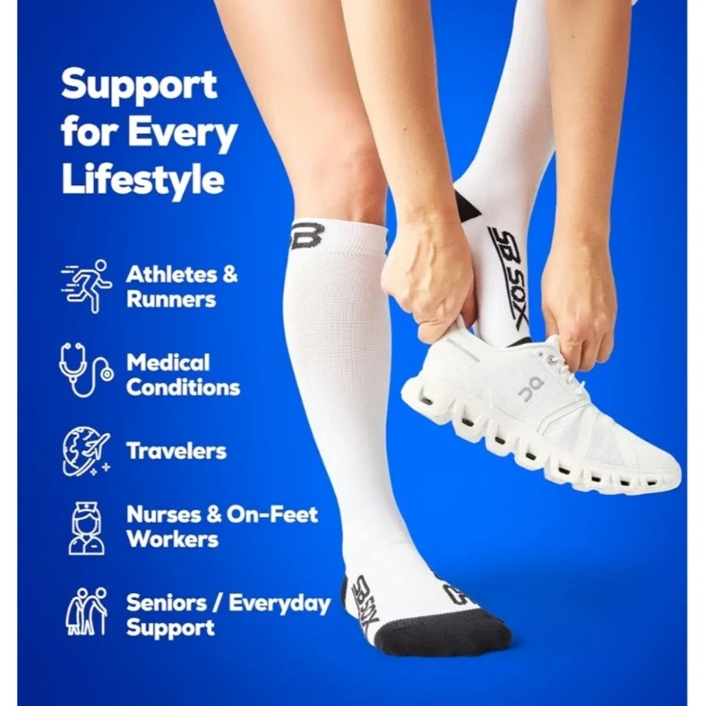 SB SOX Compression Socks Graduated‎ 20-30mmHg White Black Large NIP